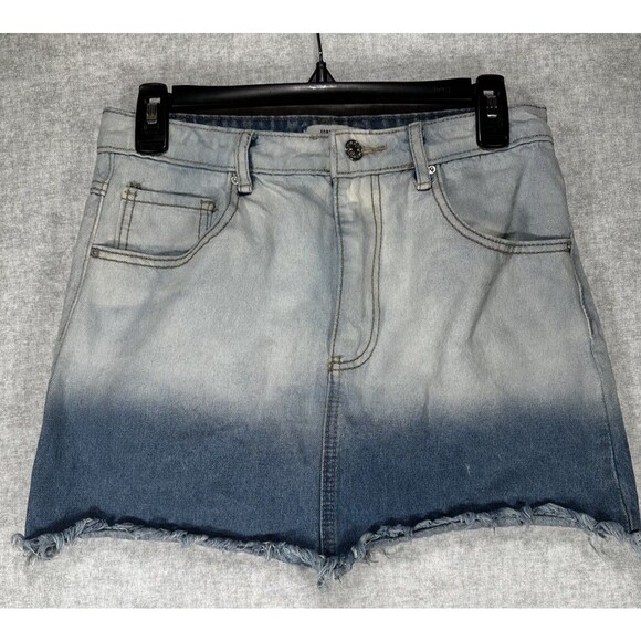 Forever 21 Denim Two Tone Mini Jean Skirt Size 27 Frayed Cutoff Hem - Picture 1 of 7
